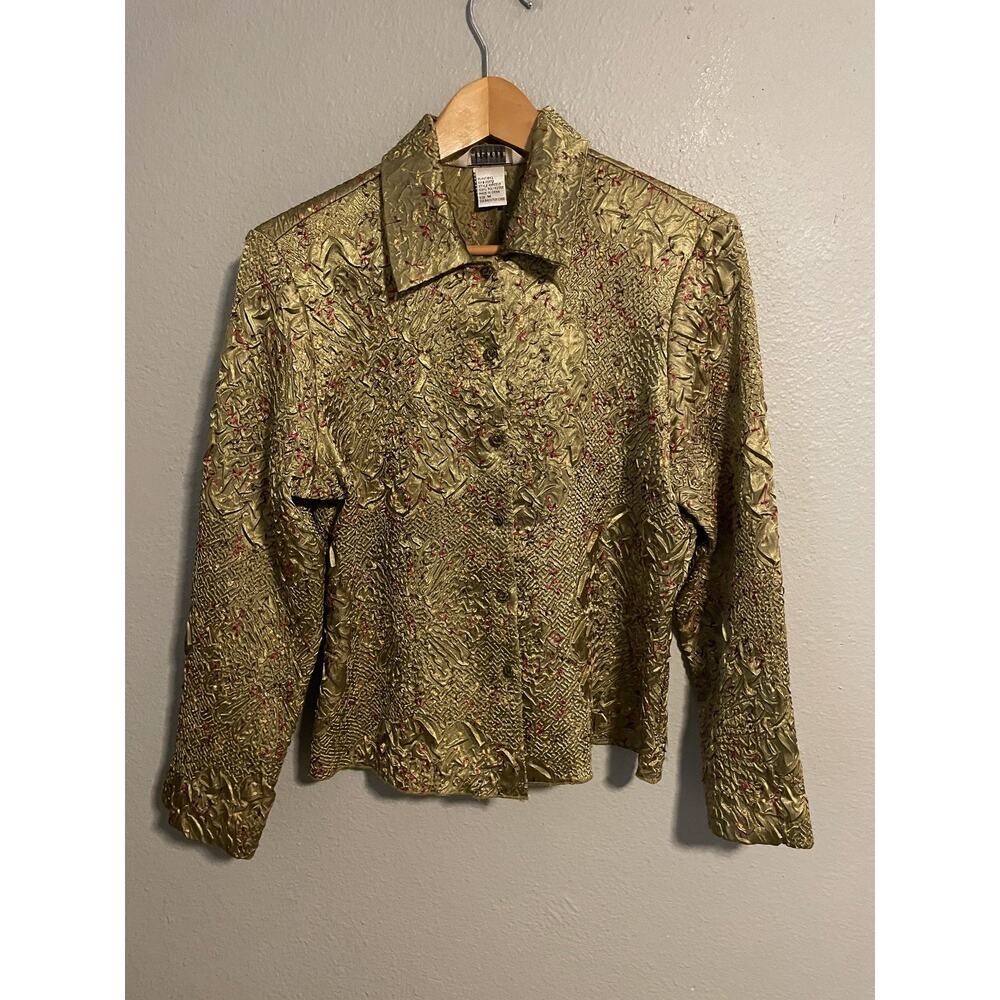 Vintage Melrose Top Womens Medium Green Floral Crinkle Embroidered Fairy 90s